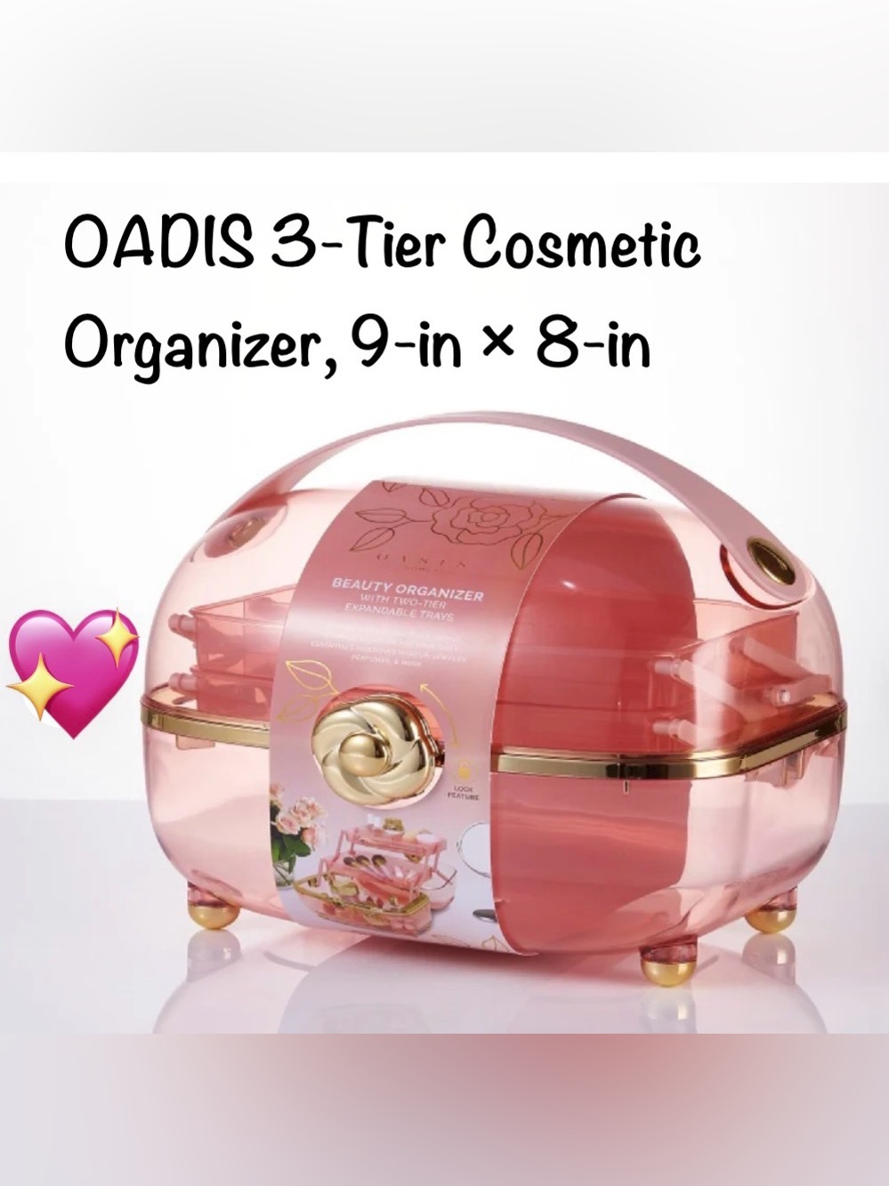 Oasis Pink 3-Tier Cosmetic Organizer with Gold Accents